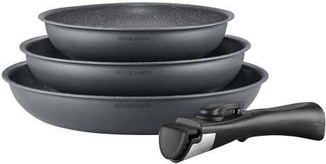 Arthur Martin Batterie de cuisine AM521GM Set de 3 poeles - Gris Mat 20-24-28 cm + 1 poignée amovible - Tous feux dont inductio