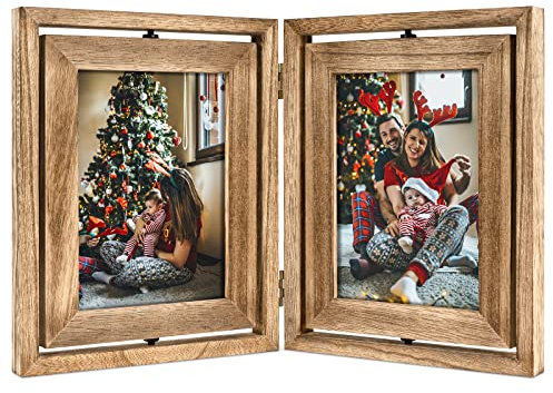 Emfogoo Cadre photo 13x18 en bois rustique pliable avec charnières double cadre photo, affichage double face rotatif haute définition verre collage cadres photo verticalement (noir carbonisé)