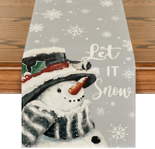 Artoid Mode Grau Schneemann Lass Es Schneien Weihnachten Tischläufer, Winter Xmas Küche Tisch Dekoration Drinnen Urlaub Party Dekor 40x140 cm