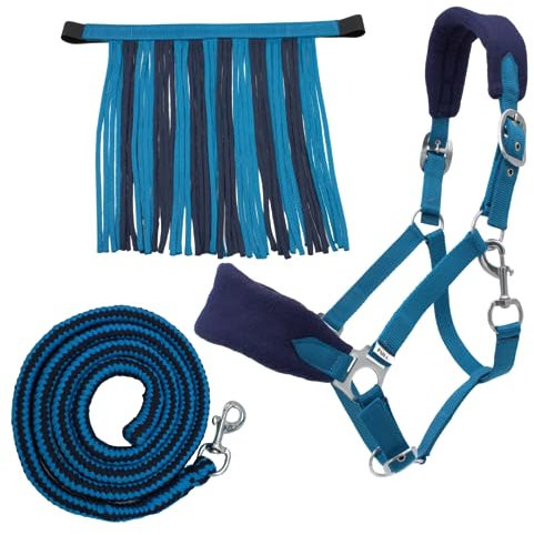 PFIFF Sunny 103103 Lot de 3 licols, tricotés et Franges à Mouches, Ajustables, Bleu Clair, Poney
