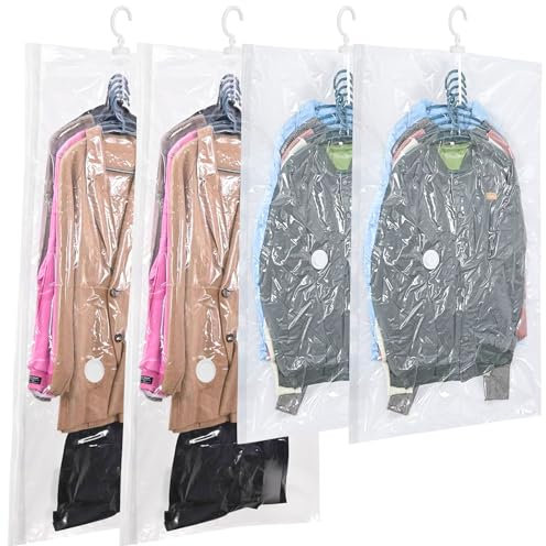 REAQUE 4 Stück Vakuumbeutel für Kleidung, 2 Stück (135x70cm) + 2 Stück (110x70cm), Hängende Vakuumierbeutel, für Daunenjacken, Anzügen, Jacken und Mänteln Vakuum-Platzsparer