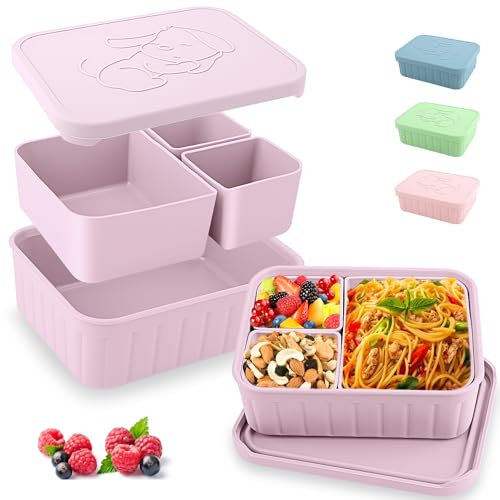 Bento Lunch Box for Kids-Reusable Silicone Kids Bento Box Lunch Container Leakproof Lunchbox Meal Prep Food Storage Containers with 3 Removable Compartments–Dishwasher Safe/BPA Free/Portion Control