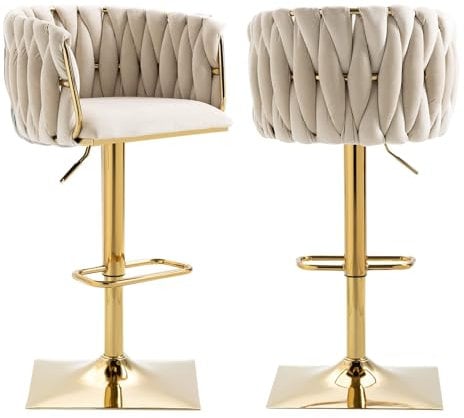 AUKWIK 2er Set Barhocker höhenverstellbar, Schminktisch Hocker drehbar aus Samt, Gepolsterter Drehstuhl Esszimmer, Küchenstühle mit Rückenlehne, Beige