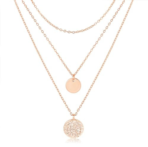 LOLIAS Collana Oro Donna Strati Argento Placcato Oro 18k Rosa Catene Lunghe Ciondolo Doppia Catena Dorata Delicata Multifila Gioielli Piatto Rotondo