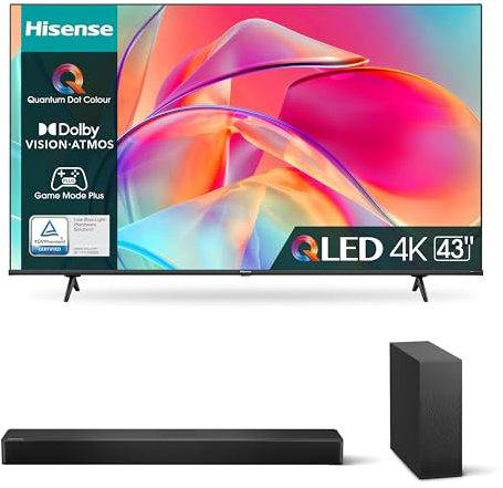 Hisense 43 QLED 4K 2023 43E77KQ, Smart TV VIDAA U6, Dolby Vision, HDR 10+ 4K HS2100 Soundbar 2.1, 240W, Subwoofer Sottile Esterno wireless
