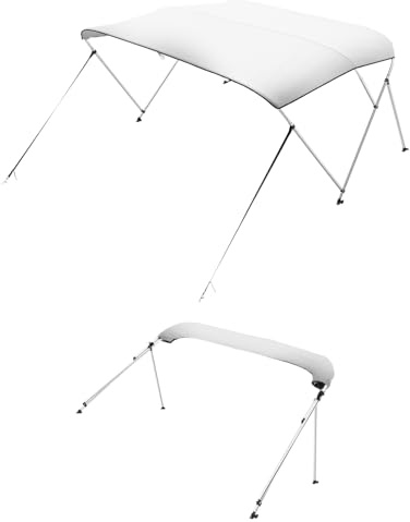 VEVOR 3 Bow Boat Bimini Tops, 600D Polyester Canopy with Aluminum Alloy Frame, Waterproof & Sun Shade Boat Awning Canopy with Storage Bag, 2 Support Poles, 4 Straps, 6'Lx(54-60) Wx46H, Light Grey