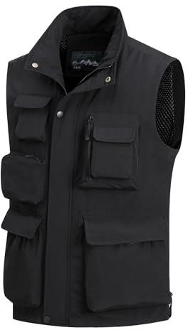 MeiLayM Herren Outdoor Weste mit Vielen Taschen Anglerweste Ärmellose Freizeit Weste Leicht Atmungsaktiv Weste Sommer schnelltrocknend Gilet Jagd Fotografie Sport Weste Schwarz,XL