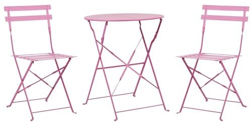 Salon de Jardin Bistrot Balcon Table et 2 Chaises Pliable avec Patins en Acier Rose Fiori