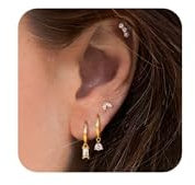 Morfetto 4 Paar 14K Vergoldete Hypoallergene Ohrring-Sets für Damen – Zarte Ohrstecker, Huggie-Creolen, Kleine Hoops und Hängende Knorpelohrringe für Mehrere Piercings14K Gold,Baguette Cz