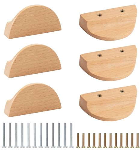 MOROBOR Halbmond-Schubladengriffe, 6 Stück, halbrunde Ziehgriffe aus Buchenholz, Schrankgriffe, Möbelgriffe für Kleiderschrank, Schublade, Hardware, Doppellochgriff