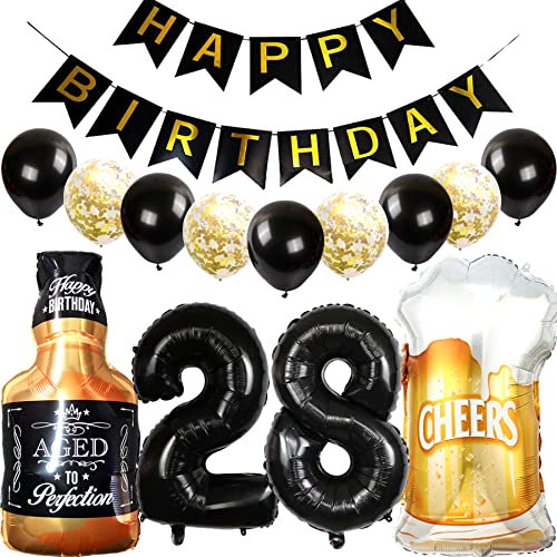 Feelairy Luftballons 28. Geburtstag Deko, Geburtstagsdeko 28 Jahre Mann Frau, Folienballon Whiskey Bierglas Ballon Weinflasche Bier Deko, Happy Birthday Banner für 28 Jahre Geburtstag Party Deko Set