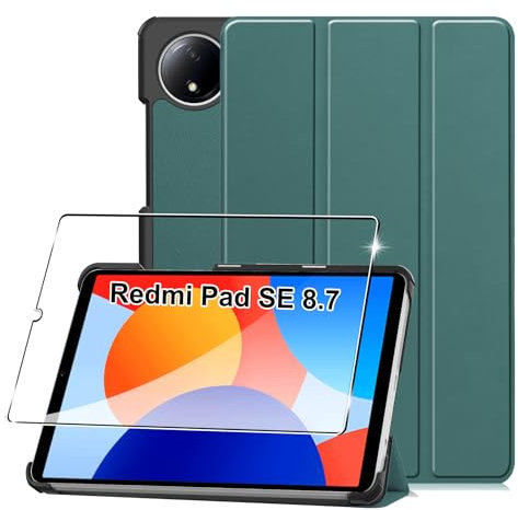 Funda para Xiaomi Redmi Pad SE 8.7 4G 2024+1 Pack Cristal Vidrio Templado,con Función Soporte,Anti-Arañazos Protectora Case función -Verde