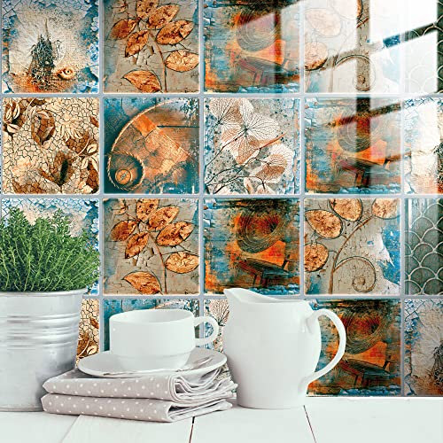 Mosaikfliesen Vintage Braune Blätter Fliesenaufkleber PVC Hitzebeständig Klebefliesen Küche Wasserdicht Tile Sticker Ölfest Fliesenaufkleber Bad Küche Selbstklebende Fliesen 20x20cm/10 pcs