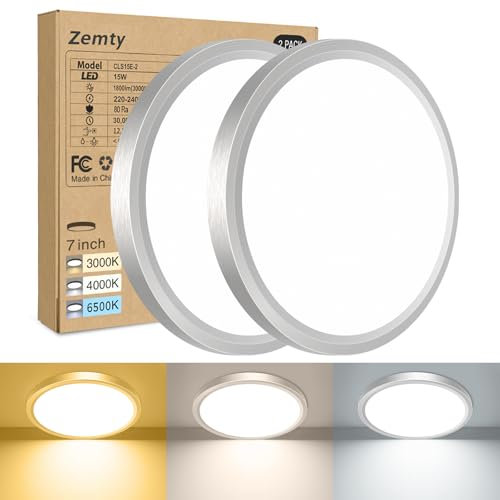 zemty 2Stück/3Farben 3000/4000/6500K LED Deckenleuchte Flach, 15W 1800LM Ø18cm Deckenleuchten, Nickel Rund Ultra Dünn Deckenlampe LED Lampen Deckenlampen,Deckenbeleuchtung für Badezimmer,Küche
