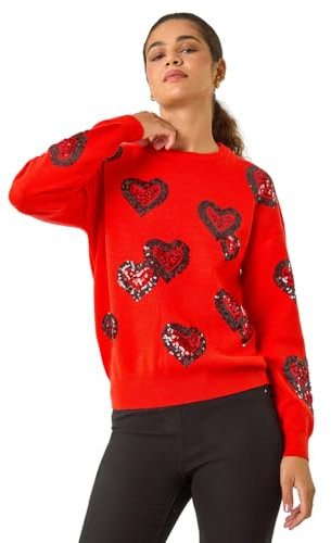 Roman Originals Women Sparkly Embellished Jumper Ladies Diamante Sequin Hotfix Winter Sweater NYE New Year's Eve Christmas Party Going Out Shiny Smart Work Pullover - Orange - Size 12