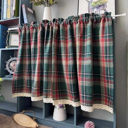 Yaland Karomuste Scheibengardine mit Spitzenbordüre Design Landhausstil Küchengardine mit Stangendurchzug Kleinfenster 1 Stück Grün HxB 70x140cm