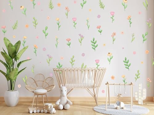 Wally Fox - Wandsticker Kinderzimmer - Wanddeko Blumen, Blätter - Rosa, Violett, Grün, Gelb - 70 Stück