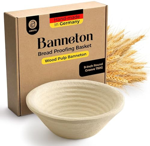 9 Round Wood Pulp Banneton Bread Proofing Basket – 1.5LB Brotform, Grooved Pattern – Non-Stick Natural Wood Pulp Pressed for Durability – Made in Germany Proofing Baskets for Sourdough Bread Baking