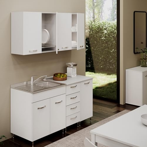 Linea Azzurra Cucina Completa Componibile in Legno Made in Italy con 1x Sottolavello, 1x Lavello con Vasca a Destra, 1x Miscelatore, 1x Cassettiera, 1x Base, 1x Colapiatto e 1x Pensile (Bianco)