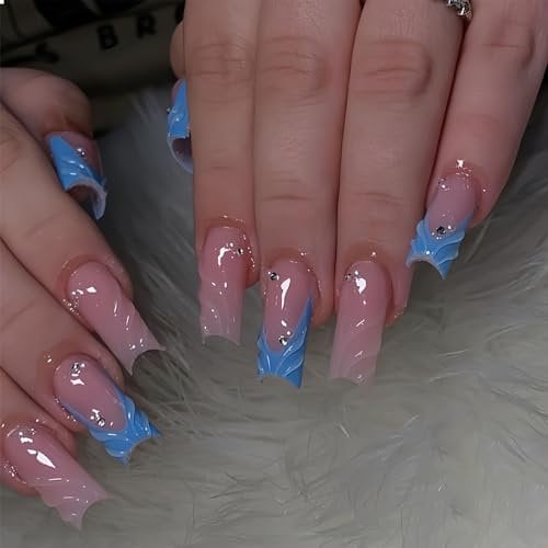 GlamRays 24 Stück 3D Gelnail Macht Quadratische French Tip Press On Nails Mittel Mit Rhinestones Und Perlen Design Acryl Falsche Nagel Set