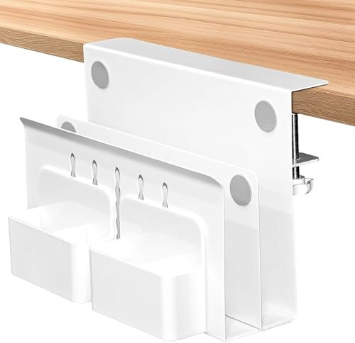 PQHIQ Desk Side Storage, Under Desk Laptop Mount, Table Side Hanging File Organizer, No Drill Clamp On Cable Management Tray, Laptop Holder with Magnetic Pen Holder for Office and Home, Load 10 kg