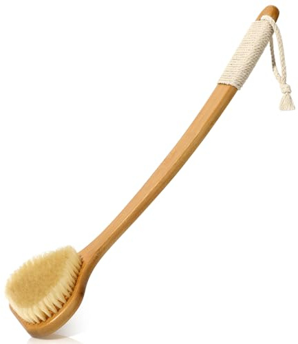eaxun 17.3 Inches Bamboo Back Scrubber with Curved Long Handle for Shower | Exfoliating Shower Brush with Natural Boar Bristles for Men and Women, Anti-Slip Grip Back Washer for Bath or Dry Brushing