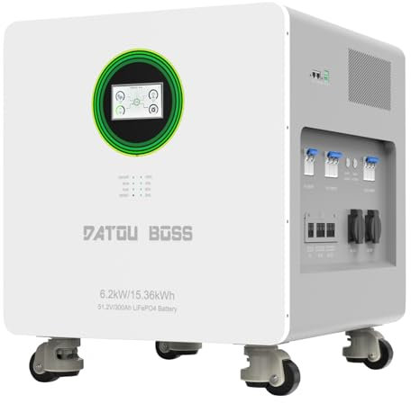 DATOUBOSS Batería LiFePO4 48 V 300 Ah, 15,36 kWh, con inversor híbrido 48 V 6200 W, planta eléctrica portátil todo en uno, alimentación móvil, BMS 150 A, 8000+ciclos, gran capacidad de almacenamiento.
