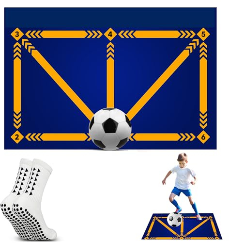 Football Training Mat and Kick Trainer with Mastery APP - Mastery Skills Footwork Mat 90x60cm Football Gifts for Boys | Pro Dribble Ball Control & Stress Relief Games for Kids Girls (Mat - E)