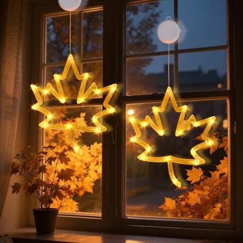 2 Stück Herbst Deko Lichterkette, Herbst Fensterlichter mit Saugnapf, Ahornblatt Fensterdeko Lichter, Batteriebetriebene Hängende Fensterlichter für Halloween Herbstdeko Fenster Beleuchtung Deko