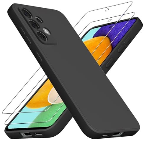 Vauki Coque pour Samsung Galaxy A52 4G/5G, avec [2 Pièces] Protection d'écran en Verre Trempé, Housse Etui Silicone TPU Souple Liquide, Antichoc Anti-Rayures, Noir