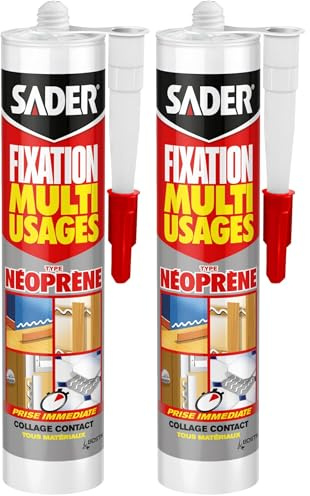 Sader Mastic Colle de Fixation Multi-Usages – Tous Matériaux – Intérieur et Extérieur Sous Abri – Prise Immédiate – Colle Néoprène Ultra-Puissante – Couleur : Beige – Cartouche de 310 ml (Lot de 2)