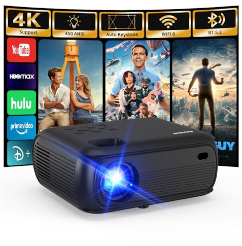 Mini Beamer FHD 4K,Lower Noise 450ANSI Tageslichttauglicher Smart Beamer | Auto-Keystone,HIFI-Lautsprecher, Android 11.0,WiFi 6 BT5.2,Großbild Heimkino Projektor für Bedroom Outdoor Garten,Schwarz