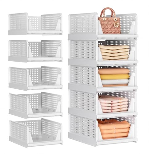 SNSLXH 5er Pack Kleiderschrank Organizer, Faltbare Schrank Organizer | Stapelbares Ordnungssystem & Schrank Organizer mit Schubladen-Design für Kleidung, Handtücher, Bad, Küche & Schlafzimmer