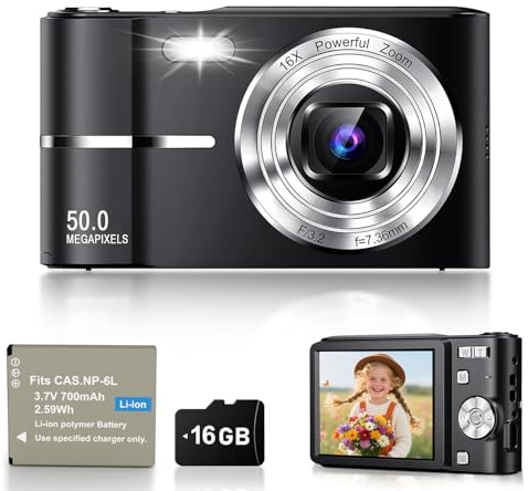 EJXHKNF 1080P Digitalkamera für Fotografie, Autofokus 50MP Vlogging Kamera mit Anti-Shake, 16X Zoom Compact Point and Shoot Digitalkamera für Teenager Erwachsene Anfänger mit Batterien, 16GB Karte