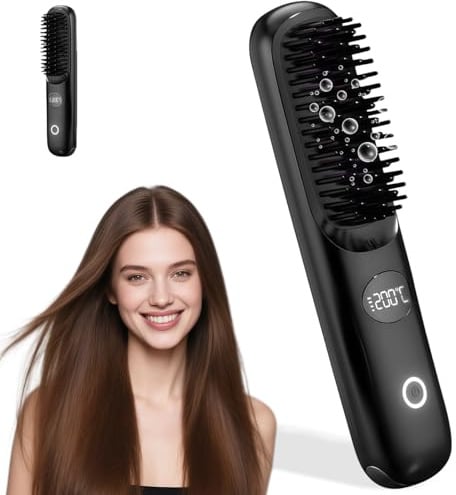 Spazzola Lisciante per Capelli, Mini Portatile Spazzola Lisciante Senza Fili di Ioni Negativi Riscaldamento Rapido Anti-scottature con 3 Temperatura per Casa, Viaggio