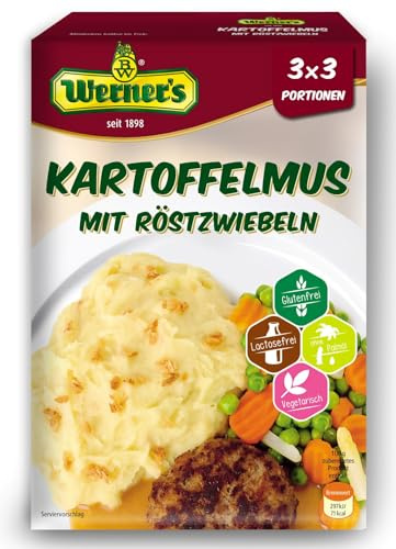 Werner´s Kartoffelmus/püree mit Röstzwiebeln, 3x3 Portionen (6 Packungen/Karton) - glutenfrei - laktosefrei, ohne Farbstoffe, ohne zugesetzte Aromen, Mikrowellengeeignet,