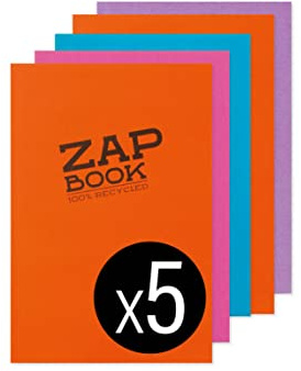 Clairefontaine 3358C - Packung mit 5 Zeichenheften Zap Books geleimt im Hochformat ZAP BOOK, DIN A5, 160 Blatt, 80g, blanko, Sortierung gemischt, 1 Pack, Mehrfarbig