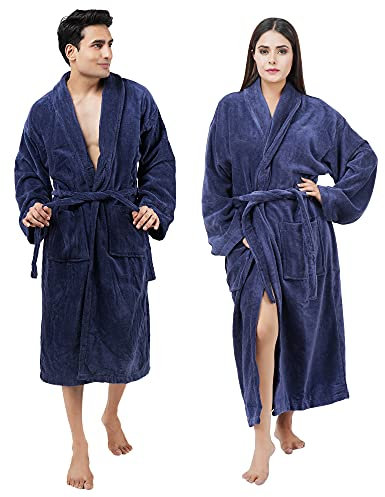 SweetNeedle Bathrobe 100% Cotton Terry Towel Dressing Gown Super Soft Light Luxury Highly Absorbent Toweling Robes with Pockets, Shawl Collar and Adjustable Belt for Men Women – Navy