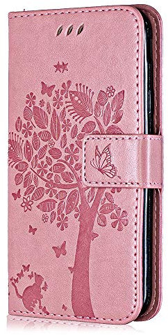 Conber Cover per Huawei P40 Lite E, Custodia in Pelle PU con Interno TPU Antiurto, Serie Gatto e Albero Flip Case Cover Custodia Portafoglio per Huawei P40 Lite E - Rosa