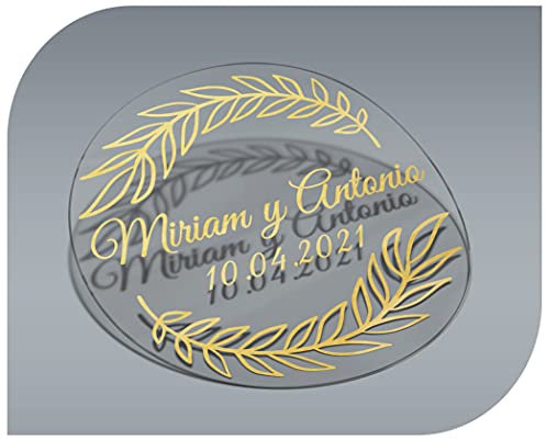 Autocollants personnalisés transparents avec nom et date pour invitations à un mariage, un baptême, des fiançailles, un anniversaire, une fête, Noël, timbres (modèle 1)