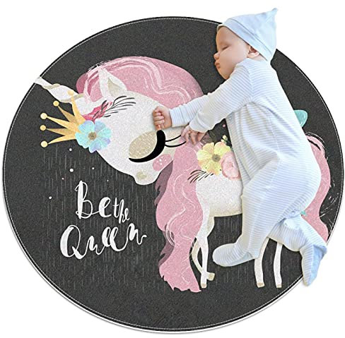 Rund Teppich Einhorn Grau Kinderteppich Kreatives Drucken Kriechender Teppich Waschbar Spielteppich Für Kinderzimmer Kindergarten Spielzimmer 100x100cm
