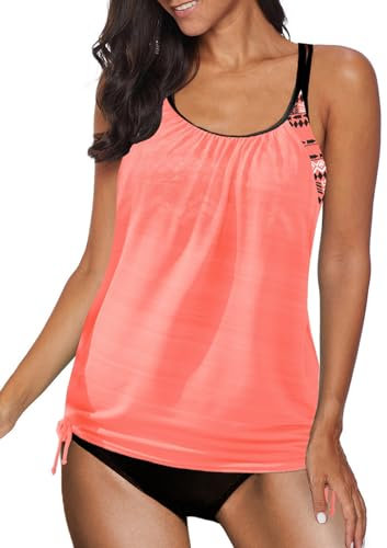 Dokotoo Tankini Damen Bauchweg Bademode Set Zweiteiliger Badeanzug Push up Gepolstert Tankinis Oberteil mit Slip, rosa, M