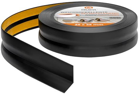 Quest Plinthe Souple Autoadhésive - 25 mm x 25 mm - Plinthe en PVC de finition pour cuisine, salle de bain - Flexible, Etanche, Décorative, Résistant aux UV - 25 mètres, Noir
