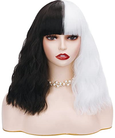 Jodiss Schulterlange perücke schwarz weiß mit Pony Bob Short Wig Black and white Wig Cruella de vil perücke