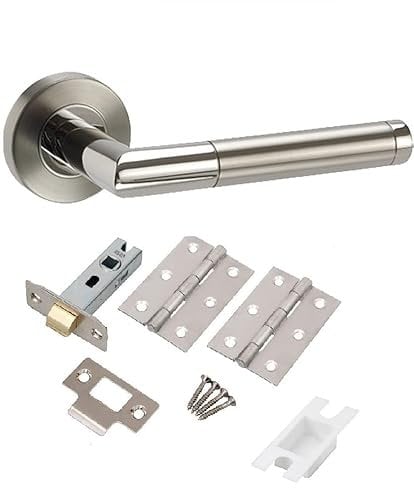 Golden Grace Mitred Style Door Handles on Round Rose in Dual Finish Complete with Hinges & Latch - 1 Set