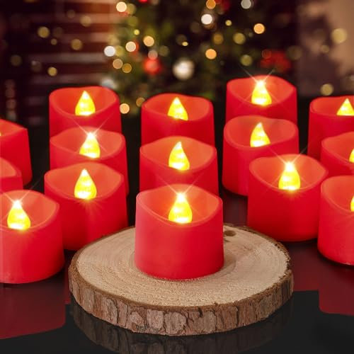 Homemory Red Tea Lights, Pack of 12 Flameless Candles, Flickering LED Tea Light Candles Battery Operated, Batteries Included