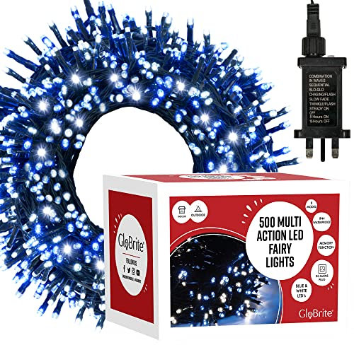 GloBrite 500 LED Fairy Lights - Versatile Christmas Lights with 8 Modes, Outdoor Fairy Lights, Christmas Tree Lights and Christmas Decorations - Waterproof Christmas Lights Outdoor - Blue/White