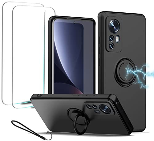 ESONG Handyhülle für Xiaomi 12T/12T PRO/Redmi K50 Ultra,Ultra Dünn Flüssig Silikon Hülle Stoßfeste Schutzhülle,Cover Case mit Ständer/2 Displayschutz,Kompatibel Magnetische Autohalterung-Schwarz