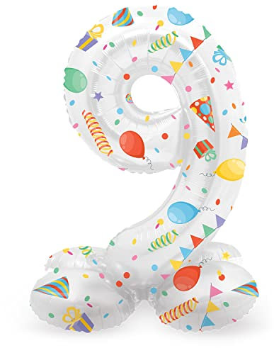 Folat 63969 Luftballon Geburtstag Stehender Ziffer Zahl 9 Joyful Party Weiß mit Geschenke und Dekoration 72 cm - Decoration Geburtstagdeko, Ballon Zahl, Kein Helium erforderlich