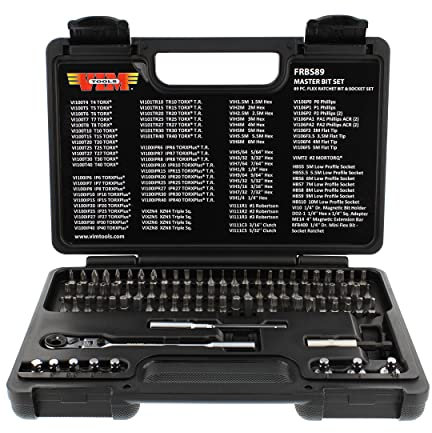 VIM Tools Flex Head Ratcheting Wrench Set - 89pc 1/4in Drive 3-Way Ratcheting Screwdriver Set with Bits and Sockets